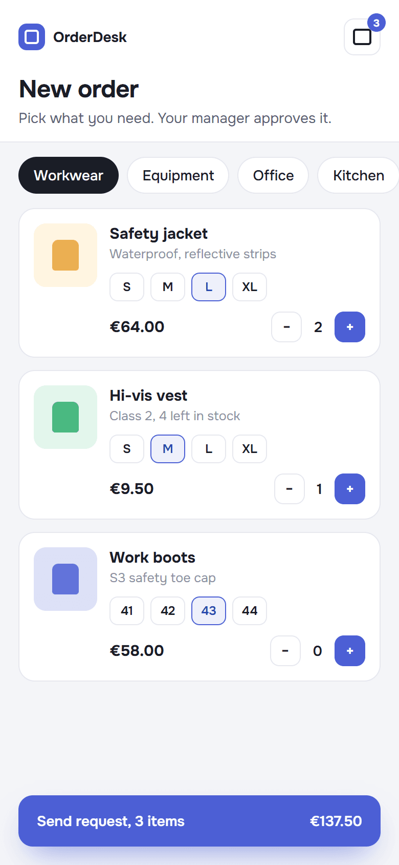 Placing a new order for workwear on a phone