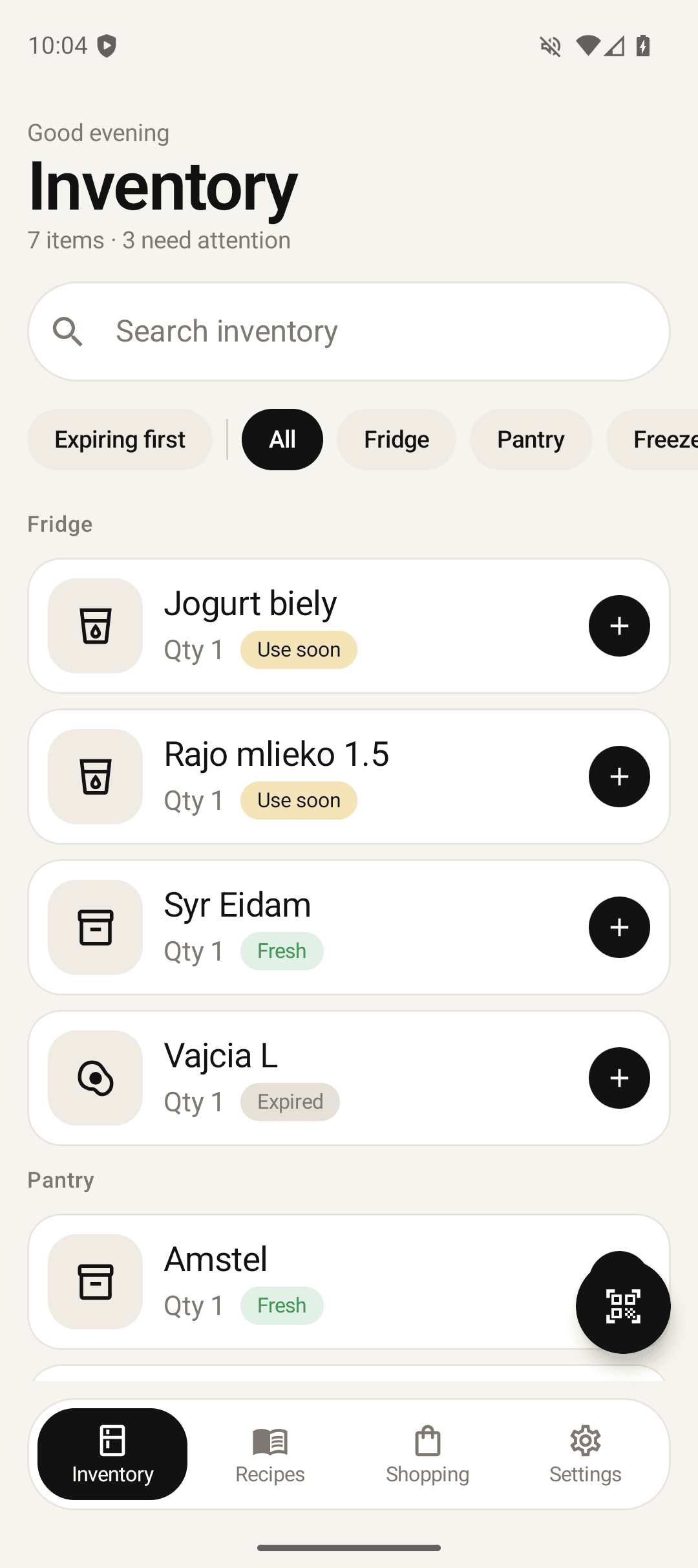 snecApp inventory screen